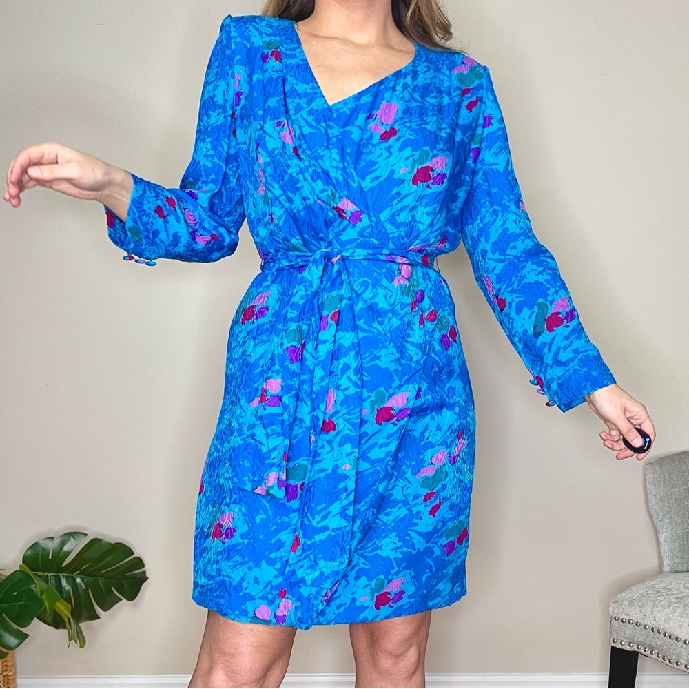 80s 100% Silk Vintage Bright Blue Faux Wrap Tie Waist Long Sleeve Dress (S/M)